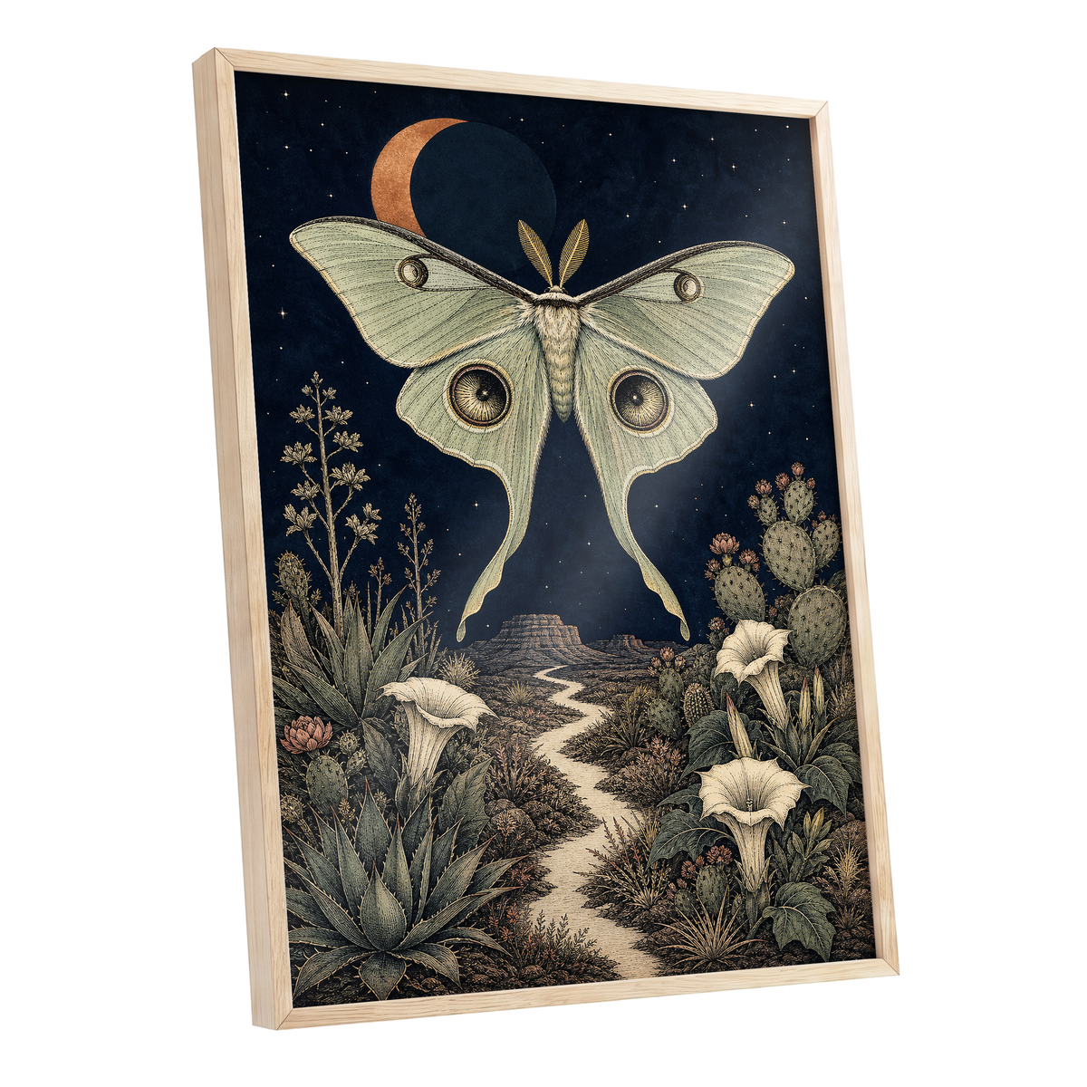 Moonlit Desert Moth, blue, green, beige nature wall art shown as a oak framed poster wall art print