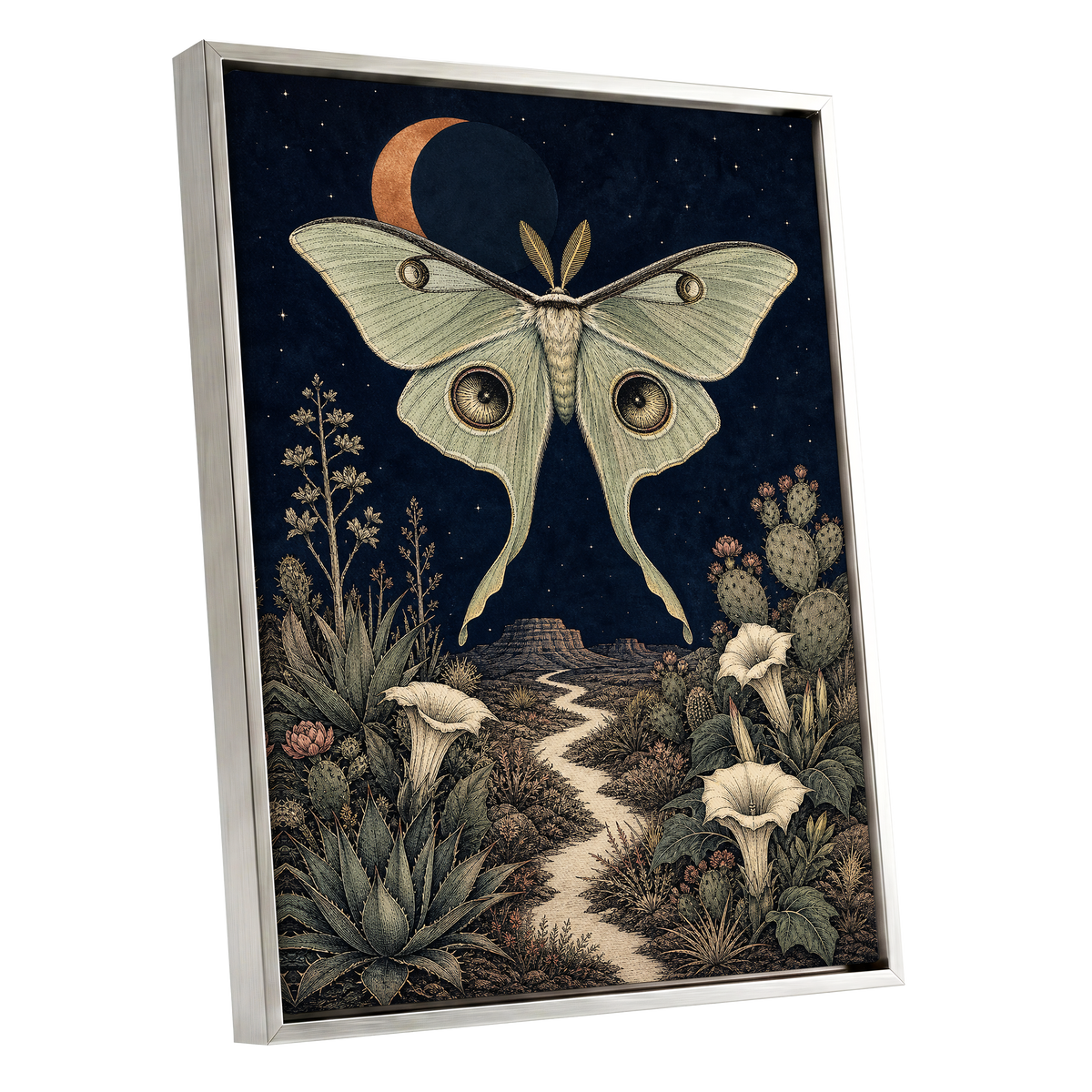Moonlit Desert Moth, blue, green, beige nature wall art shown as a silver framed canvas wall art