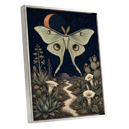 Moonlit Desert Moth, blue, green, beige nature wall art shown as a silver framed canvas wall art
