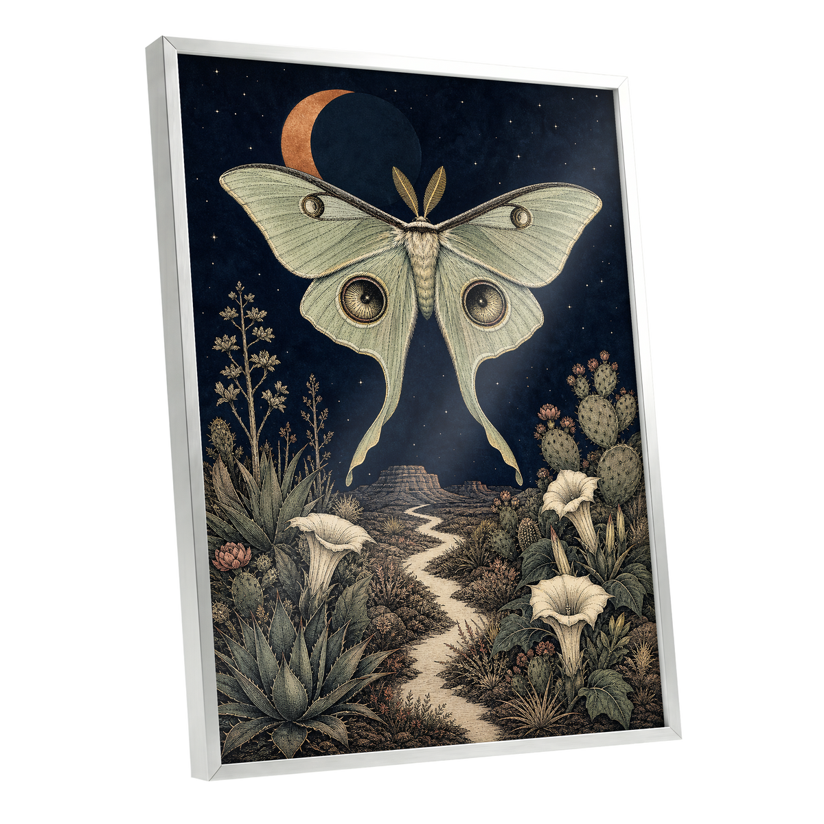 Moonlit Desert Moth, blue, green, beige nature wall art shown as a silver framed poster wall art print