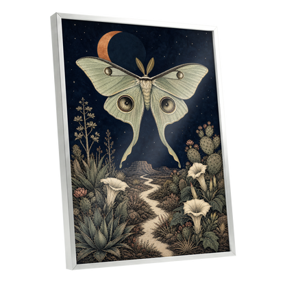 Moonlit Desert Moth, blue, green, beige nature wall art shown as a silver framed poster wall art print