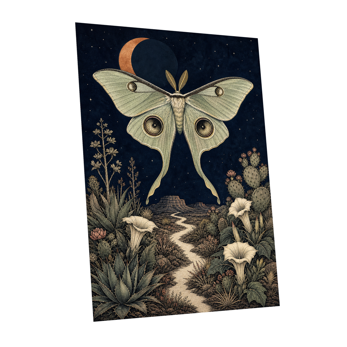Moonlit Desert Moth, blue, green, beige nature wall art shown as a unframed poster wall art print