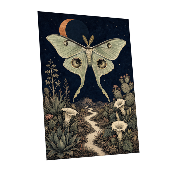 Moonlit Desert Moth, blue, green, beige nature wall art shown as a unframed poster wall art print