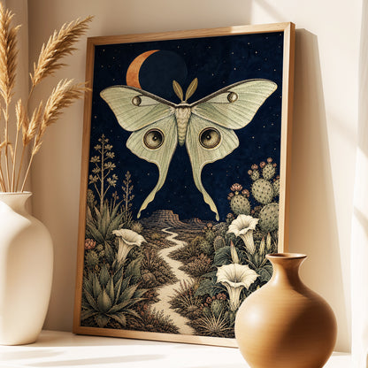 Moonlit Desert Moth, blue, green, beige nature wall art displayed in a styled interior, gallery view 2