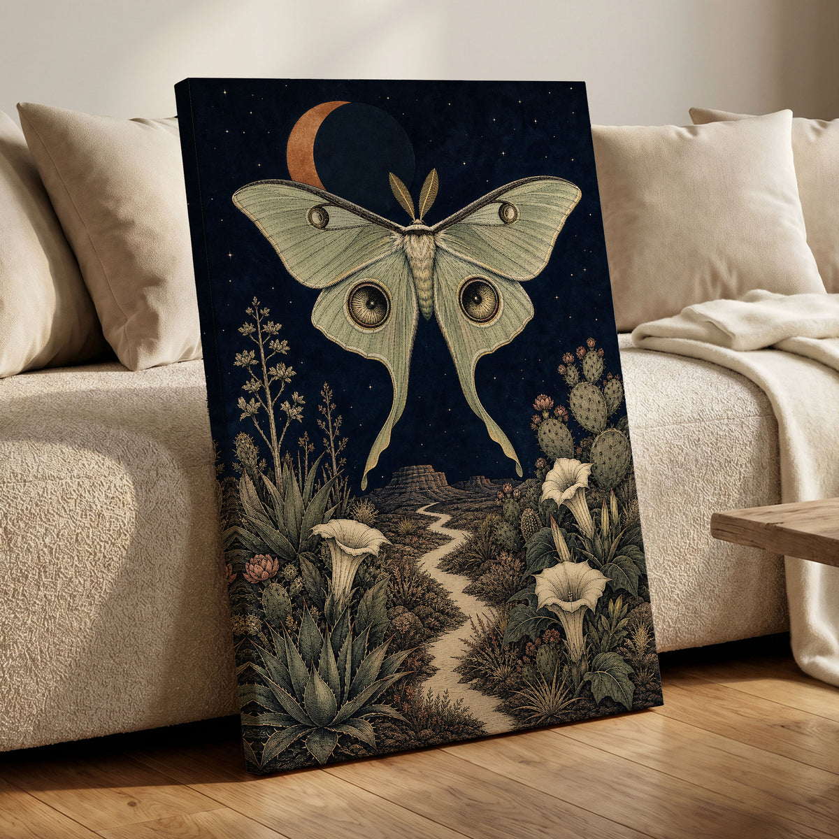 Moonlit Desert Moth, blue, green, beige nature wall art displayed in a styled interior, gallery view 3