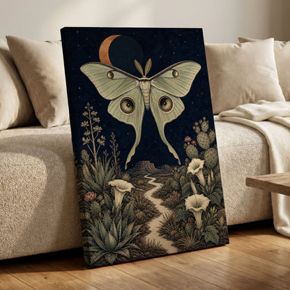 Moonlit Desert Moth, blue, green, beige nature wall art displayed in a styled interior, gallery view 3