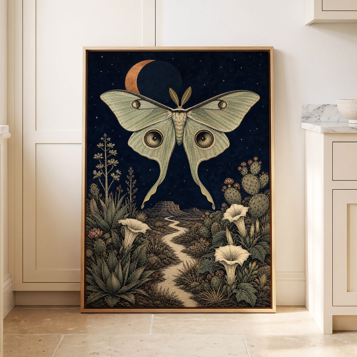 Moonlit Desert Moth, blue, green, beige nature wall art displayed in a styled interior, gallery view 4