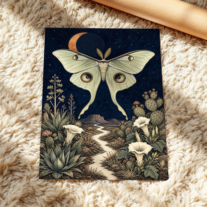 Moonlit Desert Moth, blue, green, beige nature wall art displayed in a styled interior, gallery view 5