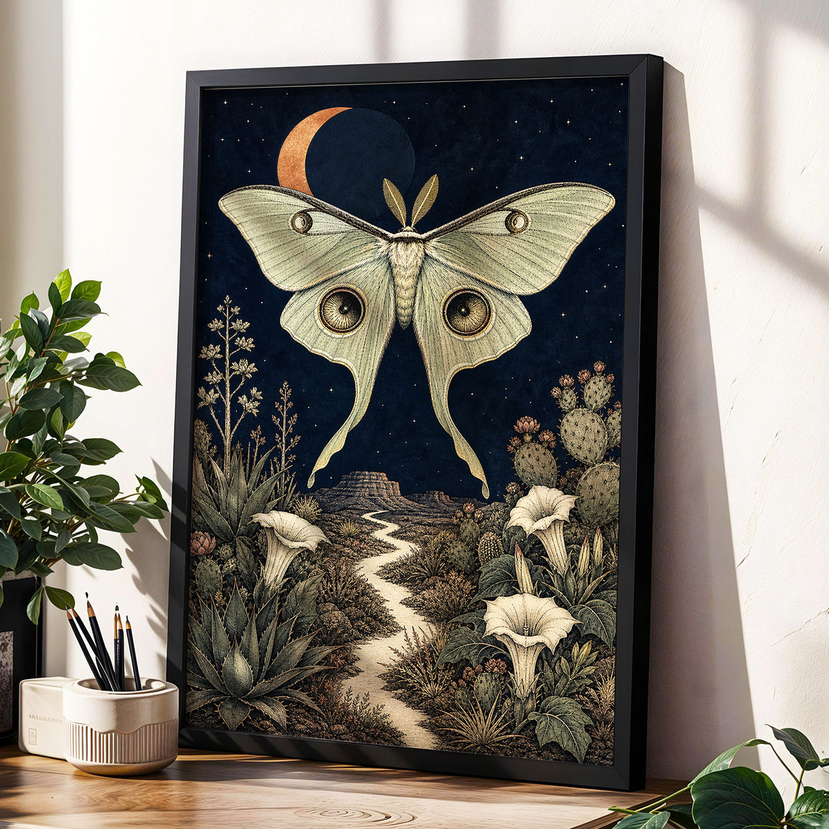 Moonlit Desert Moth, blue, green, beige nature wall art displayed in a styled interior, gallery view 6