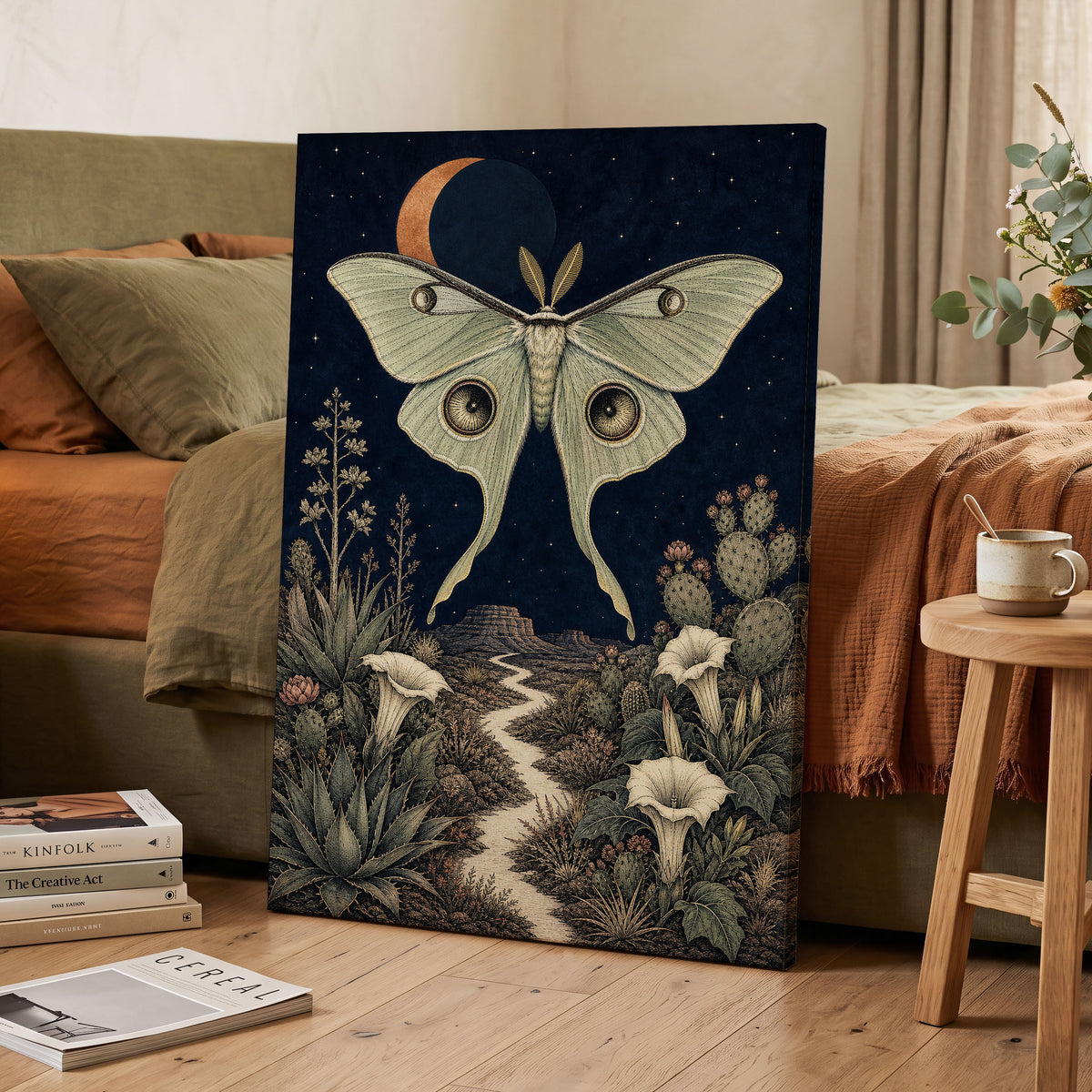 Moonlit Desert Moth, blue, green, beige nature wall art displayed in a styled interior, gallery view 7