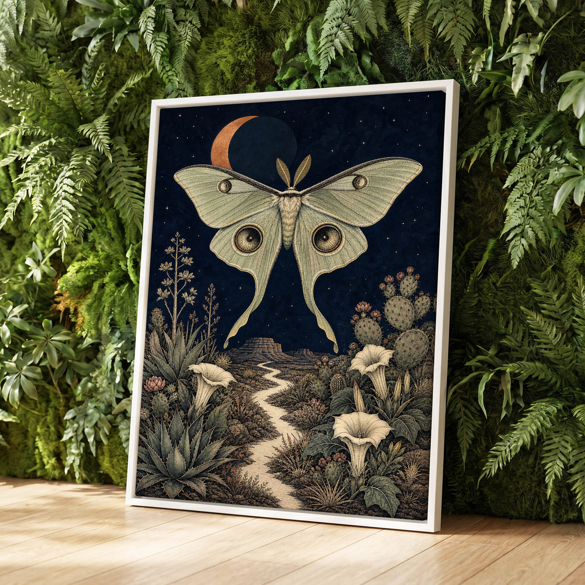 Moonlit Desert Moth, blue, green, beige nature wall art displayed in a styled interior, gallery view 8