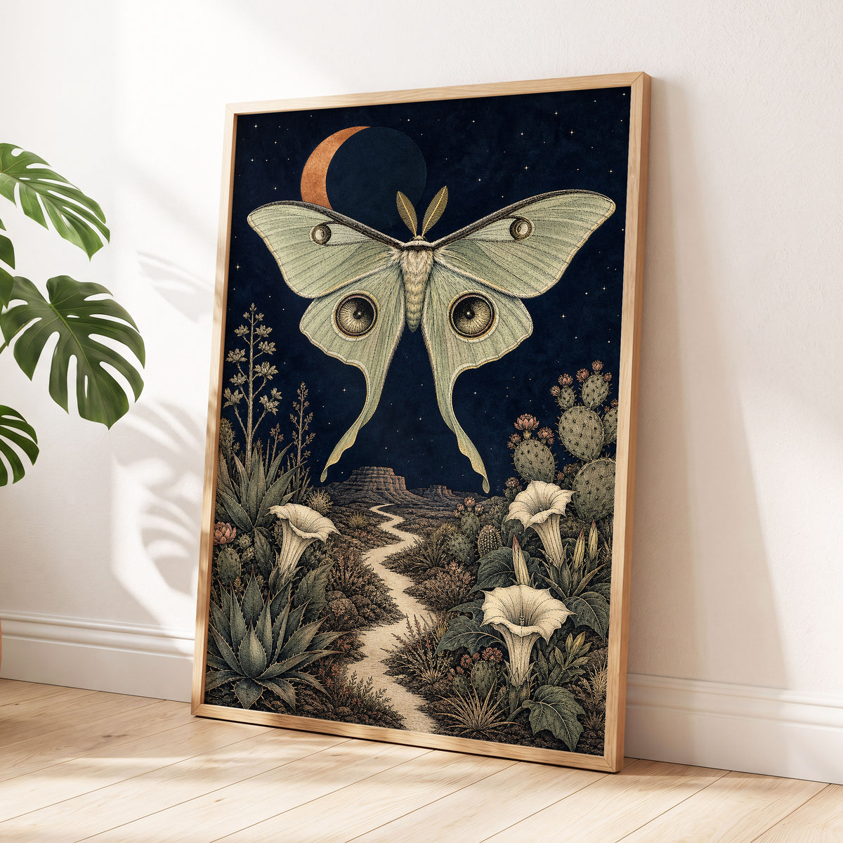 Moonlit Desert Moth, blue, green, beige nature wall art displayed in a styled interior, gallery view 9
