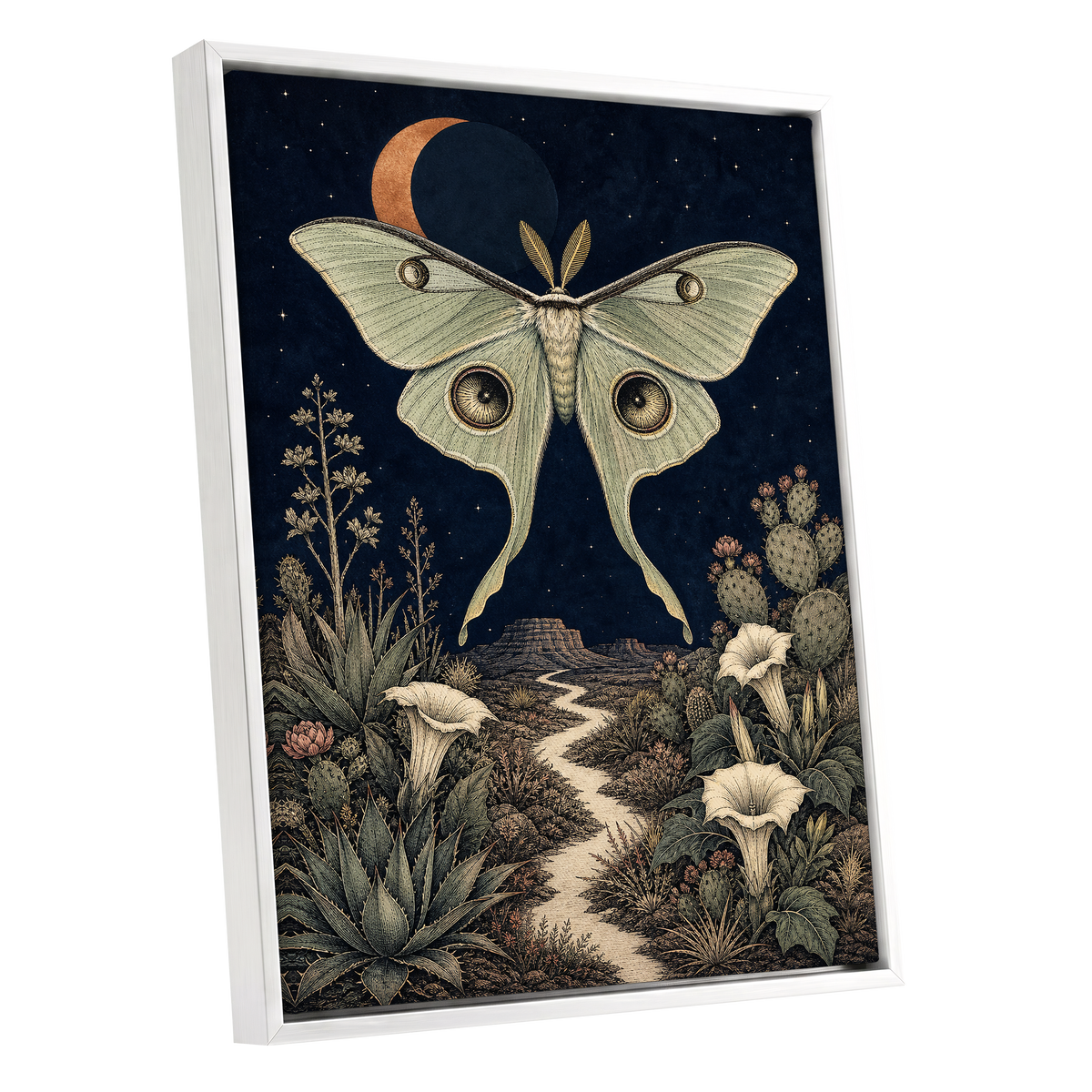 Moonlit Desert Moth, blue, green, beige nature wall art shown as a white framed canvas wall art