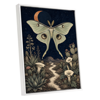 Moonlit Desert Moth, blue, green, beige nature wall art shown as a white framed canvas wall art