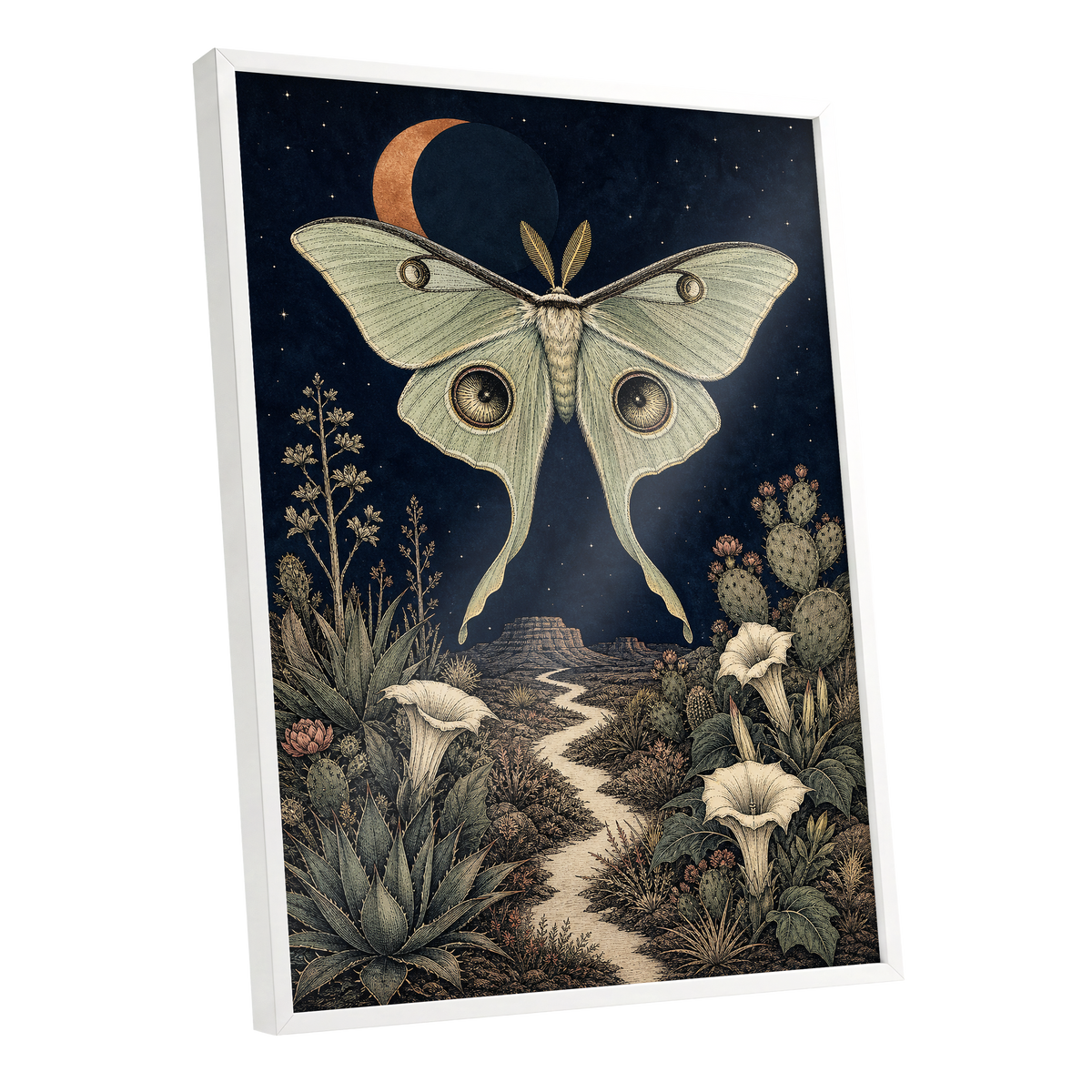 Moonlit Desert Moth, blue, green, beige nature wall art shown as a white framed poster wall art print