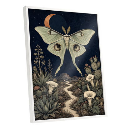 Moonlit Desert Moth, blue, green, beige nature wall art shown as a white framed poster wall art print