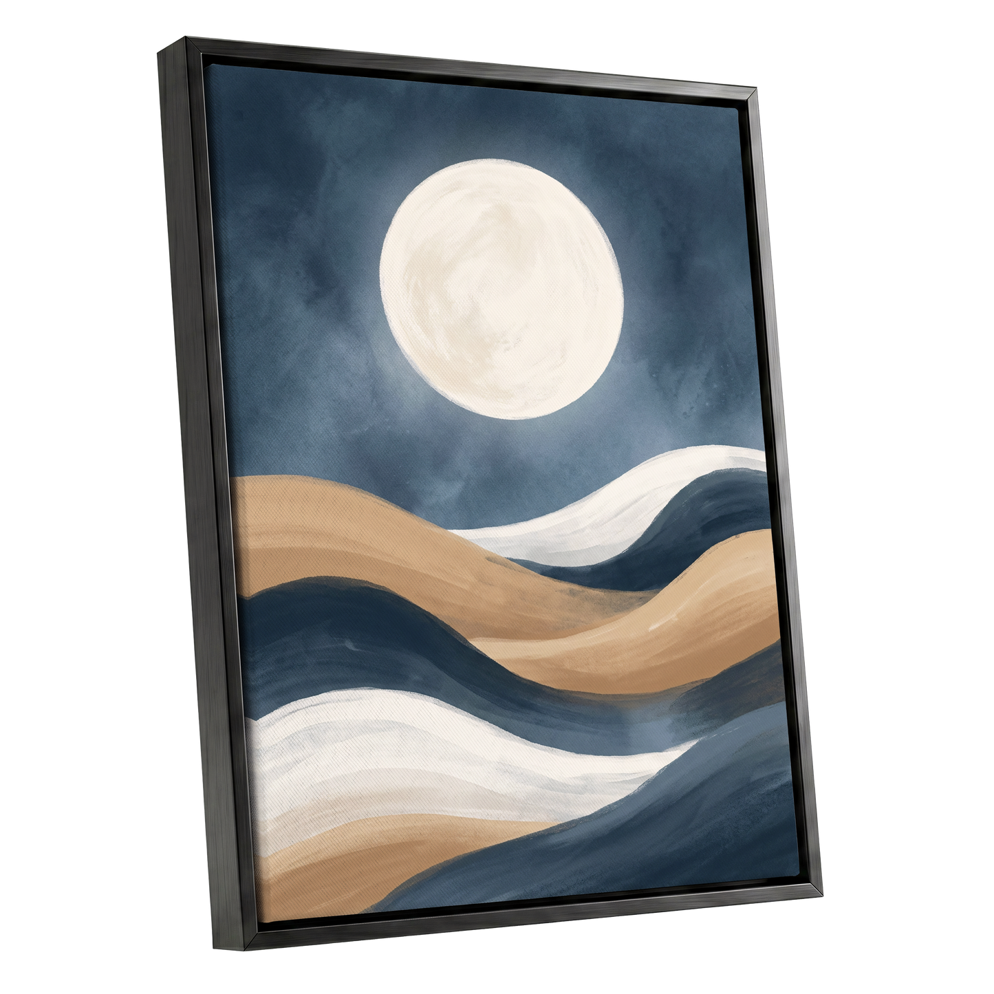 Moonlit Drift, blue, beige, white nature wall art shown as a black framed canvas wall art