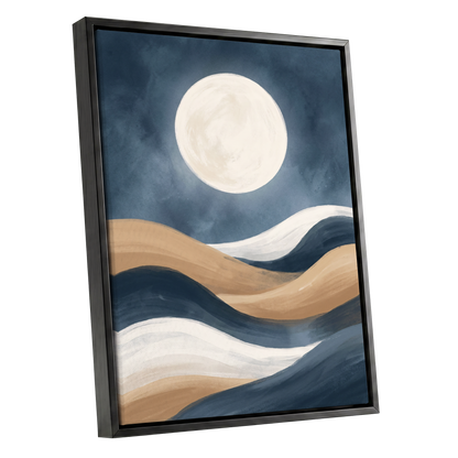 Moonlit Drift, blue, beige, white nature wall art shown as a black framed canvas wall art