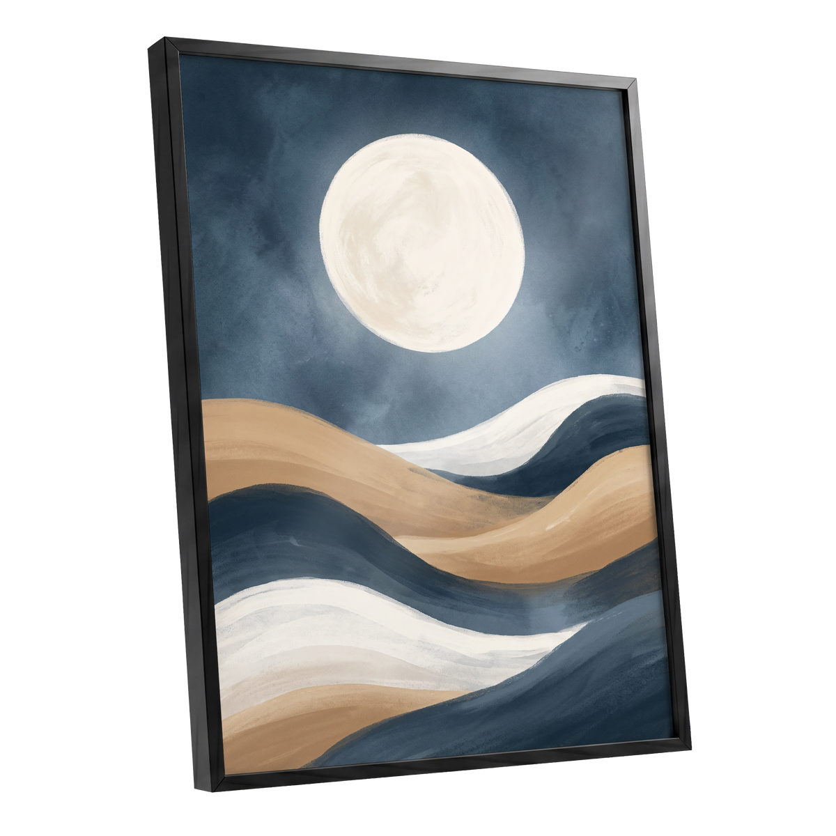 Moonlit Drift, blue, beige, white nature wall art shown as a black framed poster wall art print