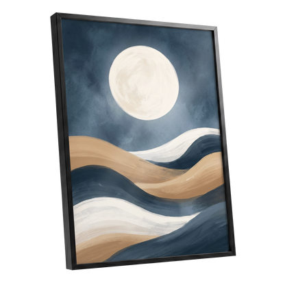 Moonlit Drift, blue, beige, white nature wall art shown as a black framed poster wall art print