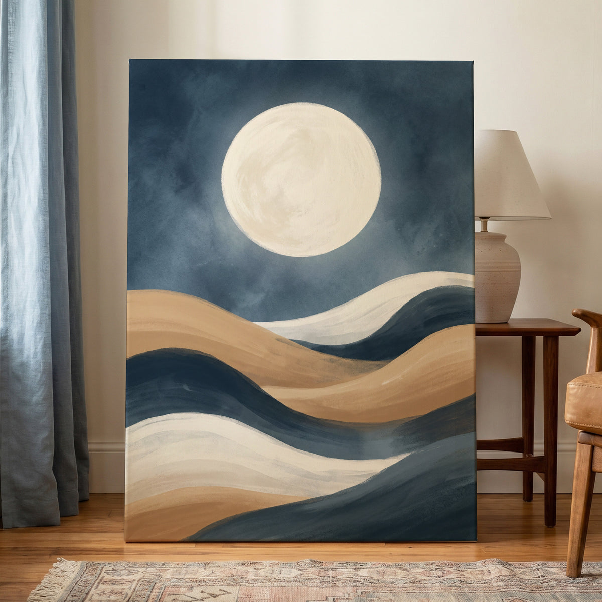 Moonlit Drift, blue, beige, white nature wall art on canvas displayed in a styled interior, gallery view 1