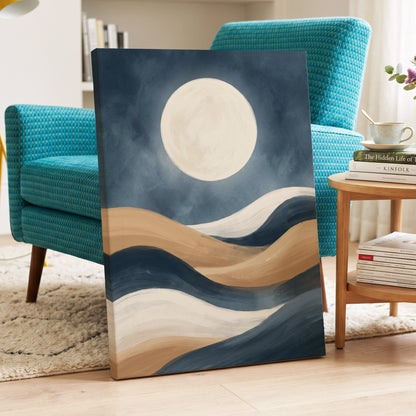 Moonlit Drift, blue, beige, white nature wall art on canvas displayed in a styled interior, gallery view 2