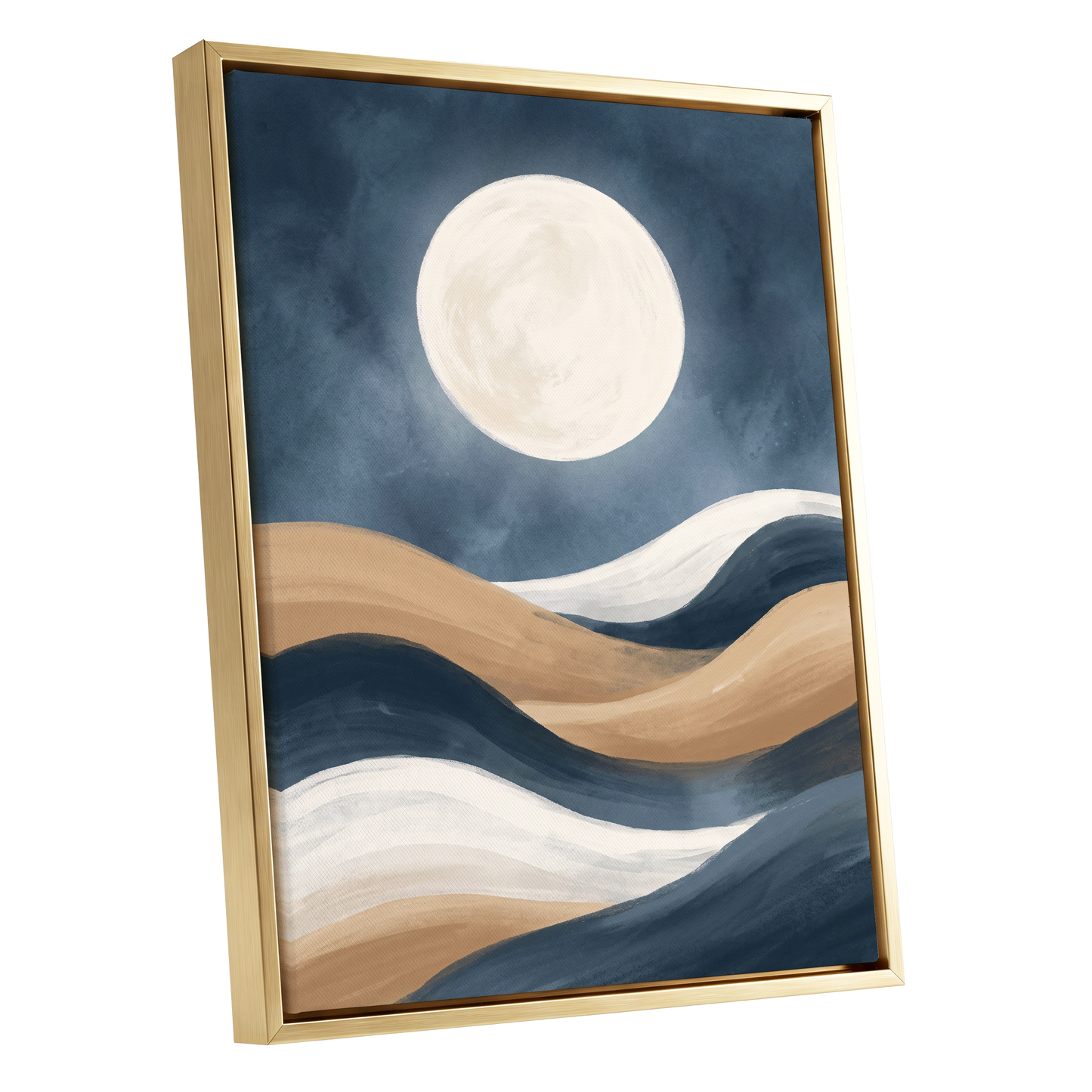 Moonlit Drift, blue, beige, white nature wall art shown as a gold framed canvas wall art