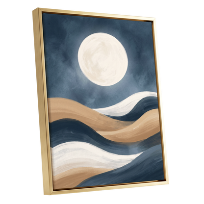 Moonlit Drift, blue, beige, white nature wall art shown as a gold framed canvas wall art