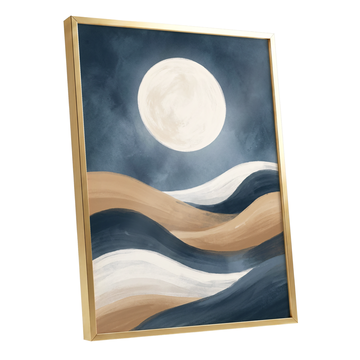 Moonlit Drift, blue, beige, white nature wall art shown as a gold framed poster wall art print