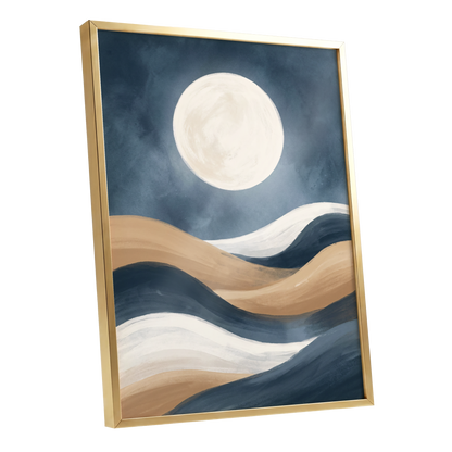 Moonlit Drift, blue, beige, white nature wall art shown as a gold framed poster wall art print