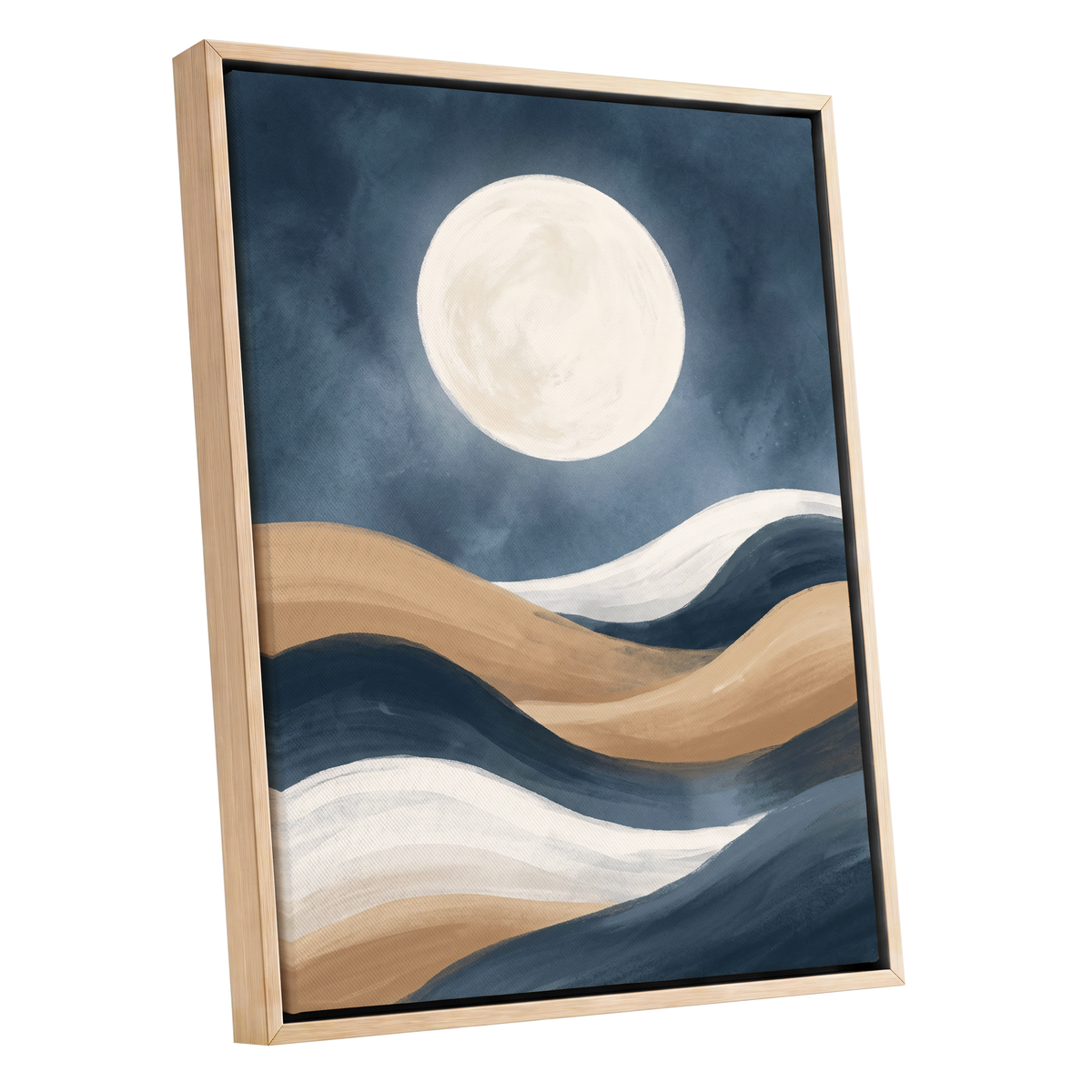 Moonlit Drift, blue, beige, white nature wall art shown as a oak framed canvas wall art