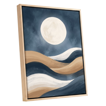 Moonlit Drift, blue, beige, white nature wall art shown as a oak framed canvas wall art
