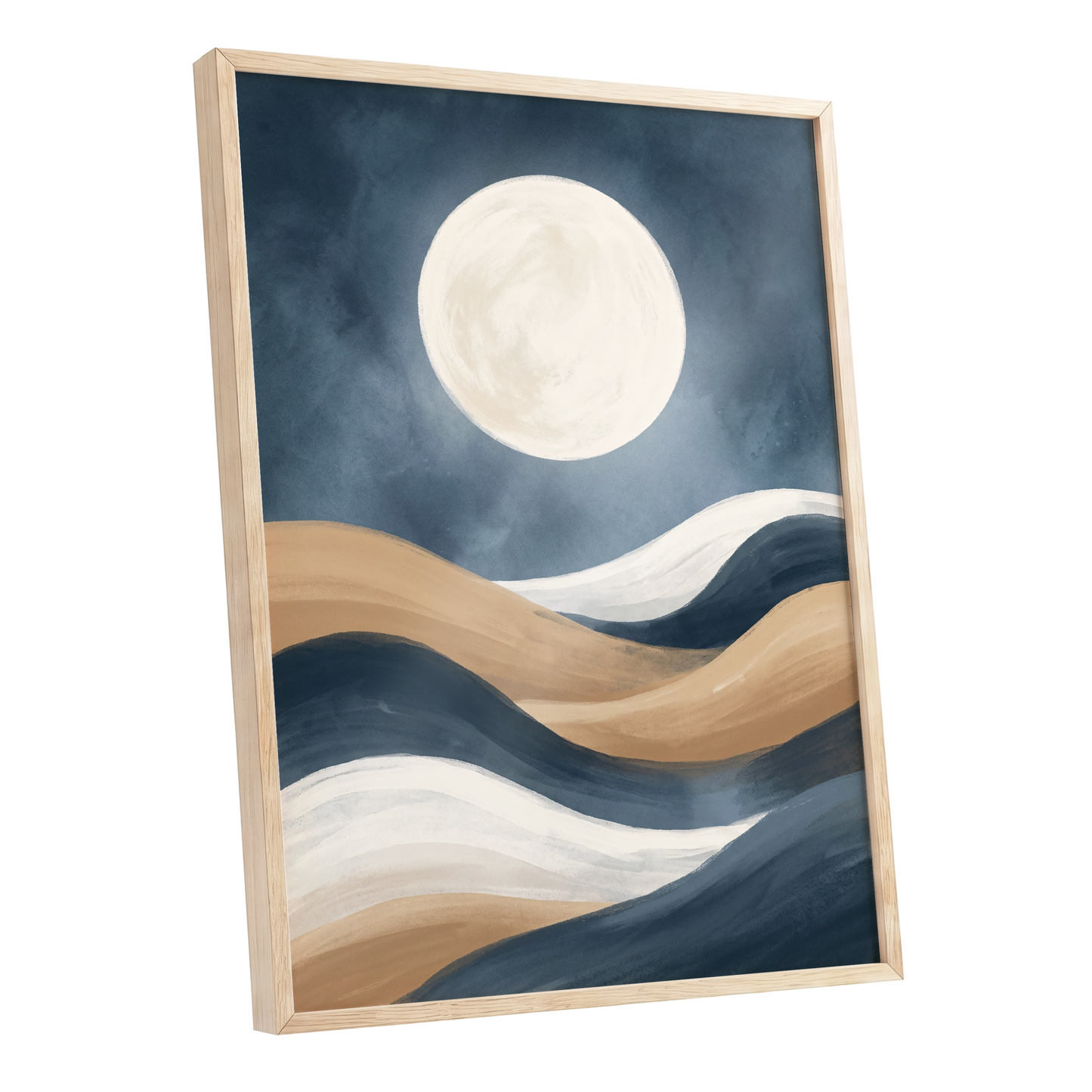 Moonlit Drift, blue, beige, white nature wall art shown as a oak framed poster wall art print