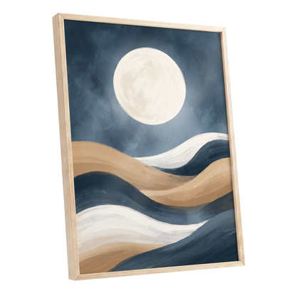 Moonlit Drift, blue, beige, white nature wall art shown as a oak framed poster wall art print
