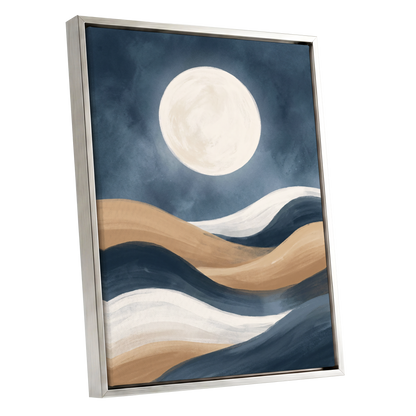 Moonlit Drift, blue, beige, white nature wall art shown as a silver framed canvas wall art