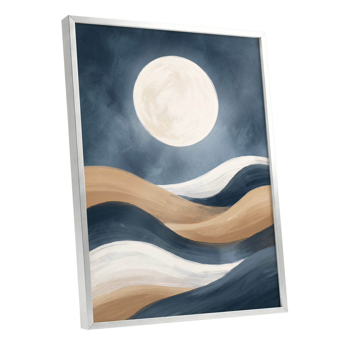 Moonlit Drift, blue, beige, white nature wall art shown as a silver framed poster wall art print