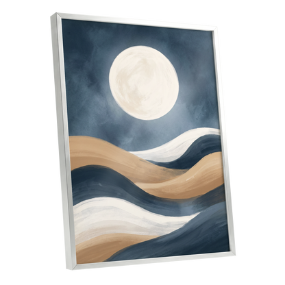 Moonlit Drift, blue, beige, white nature wall art shown as a silver framed poster wall art print