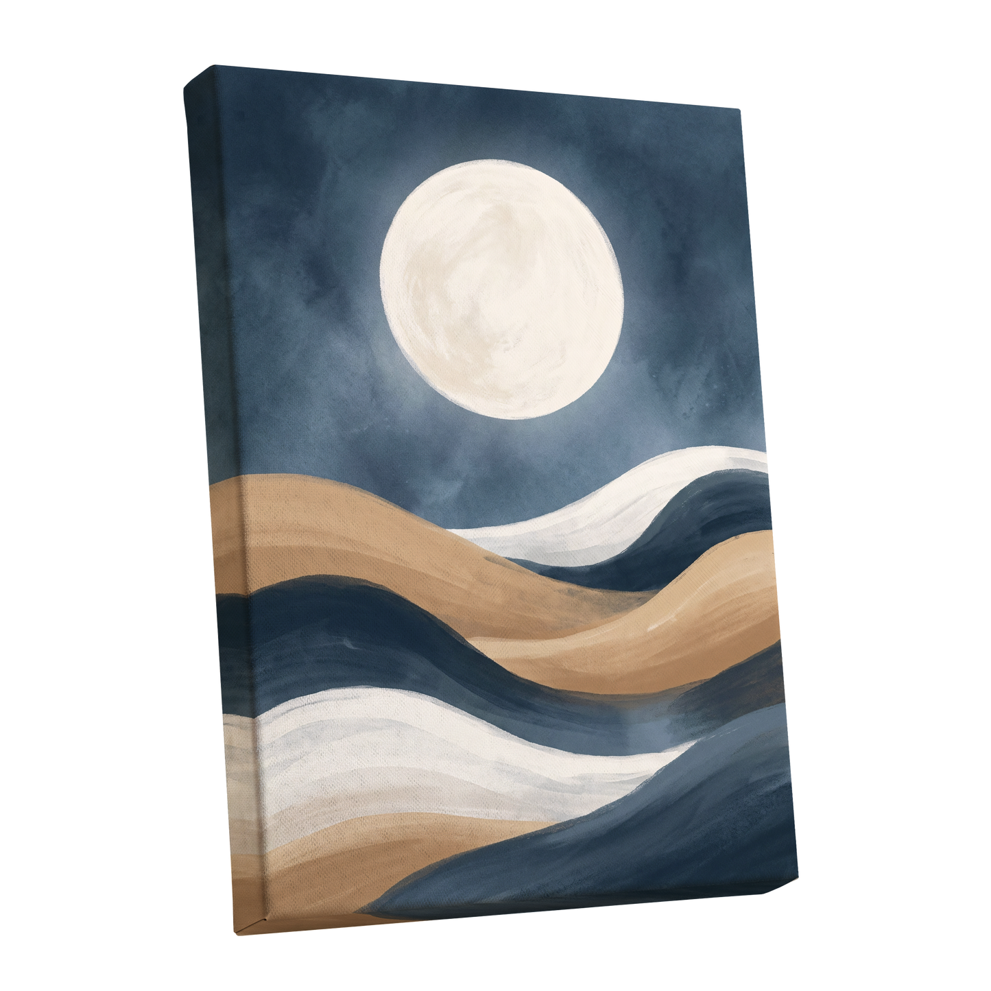 Moonlit Drift, blue, beige, white nature wall art shown as a stretched canvas wall art