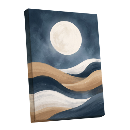Moonlit Drift, blue, beige, white nature wall art shown as a stretched canvas wall art