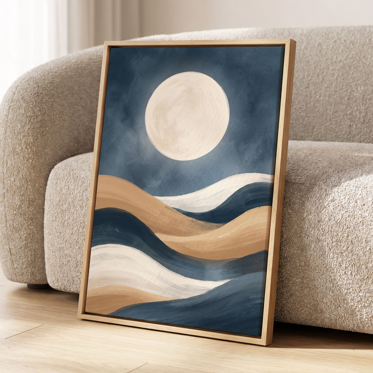 Moonlit Drift, blue, beige, white nature wall art displayed in a styled interior, gallery view 1