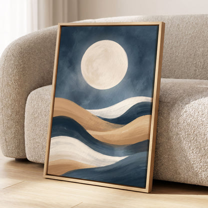 Moonlit Drift, blue, beige, white nature wall art displayed in a styled interior, gallery view 1