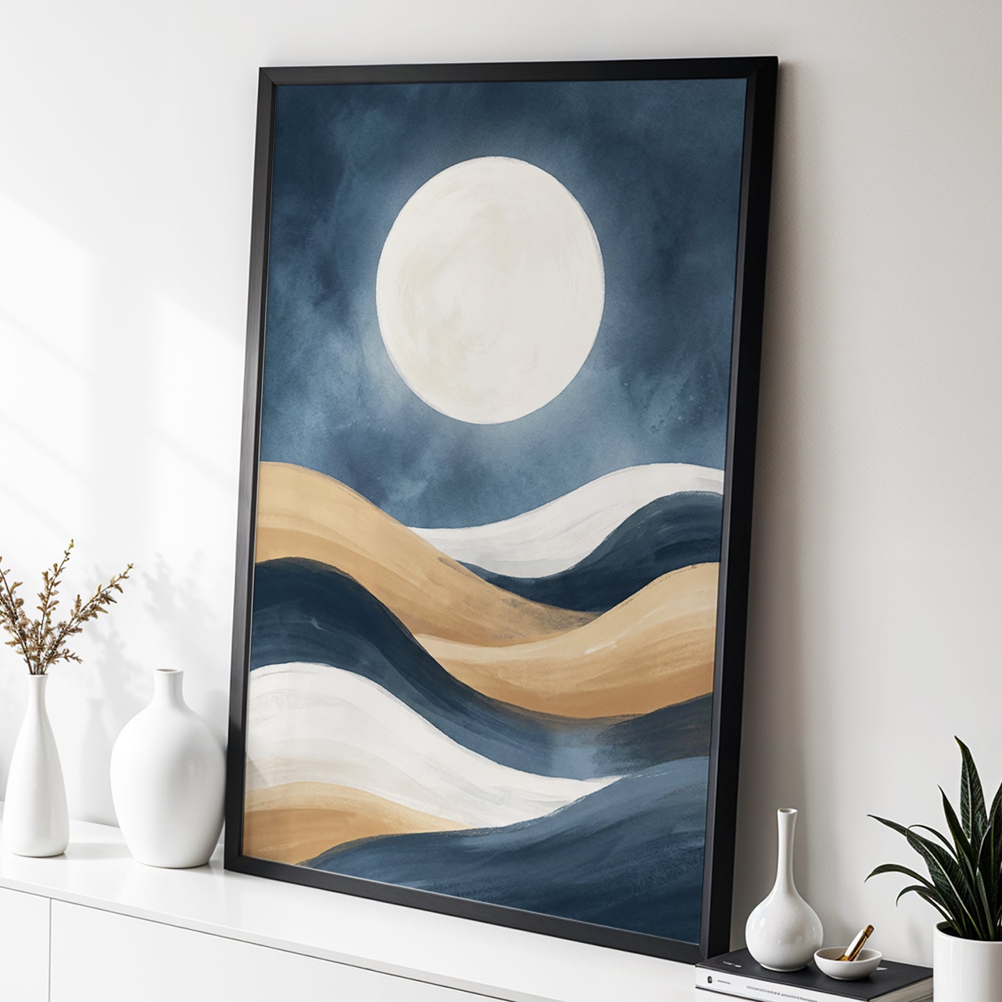 Moonlit Drift, blue, beige, white nature wall art displayed in a styled interior, gallery view 3