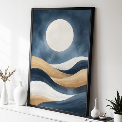 Moonlit Drift, blue, beige, white nature wall art displayed in a styled interior, gallery view 3