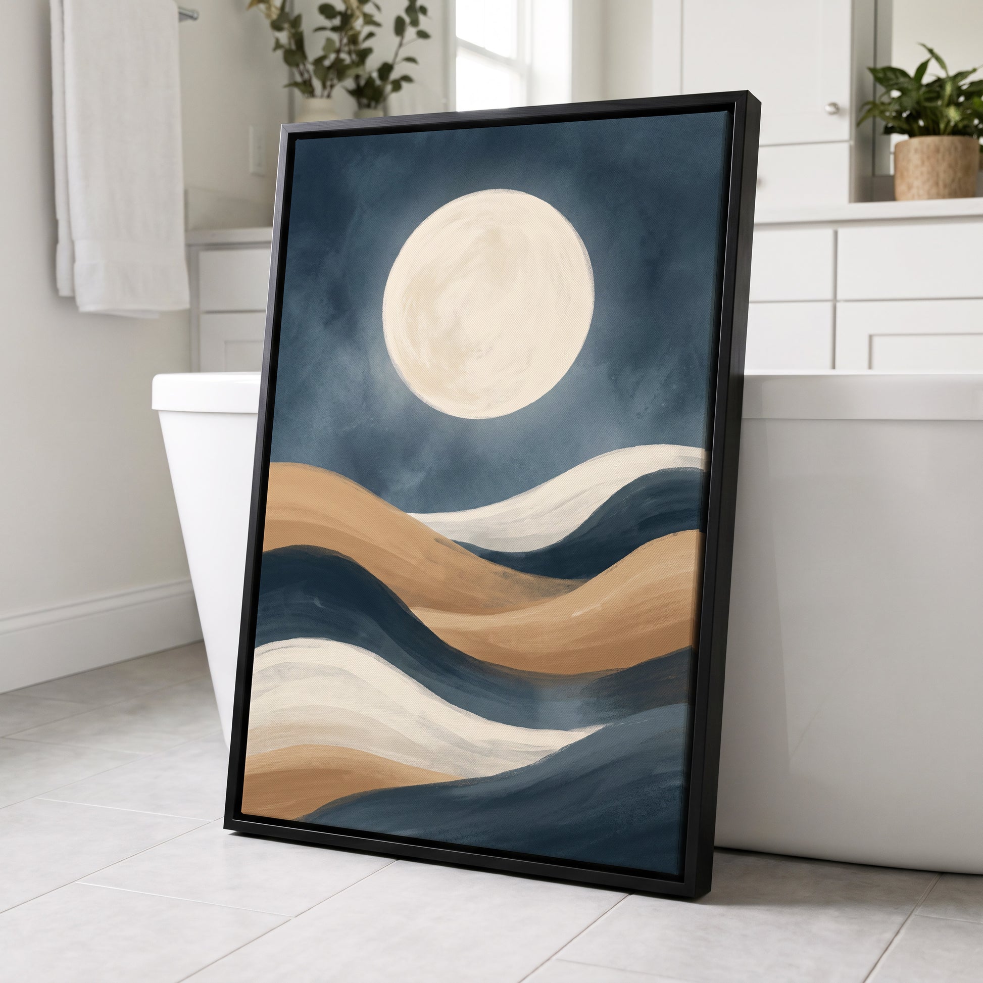 Moonlit Drift, blue, beige, white nature wall art displayed in a styled interior, gallery view 4