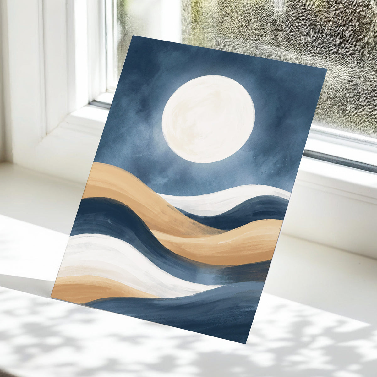 Moonlit Drift, blue, beige, white nature wall art displayed in a styled interior, gallery view 5