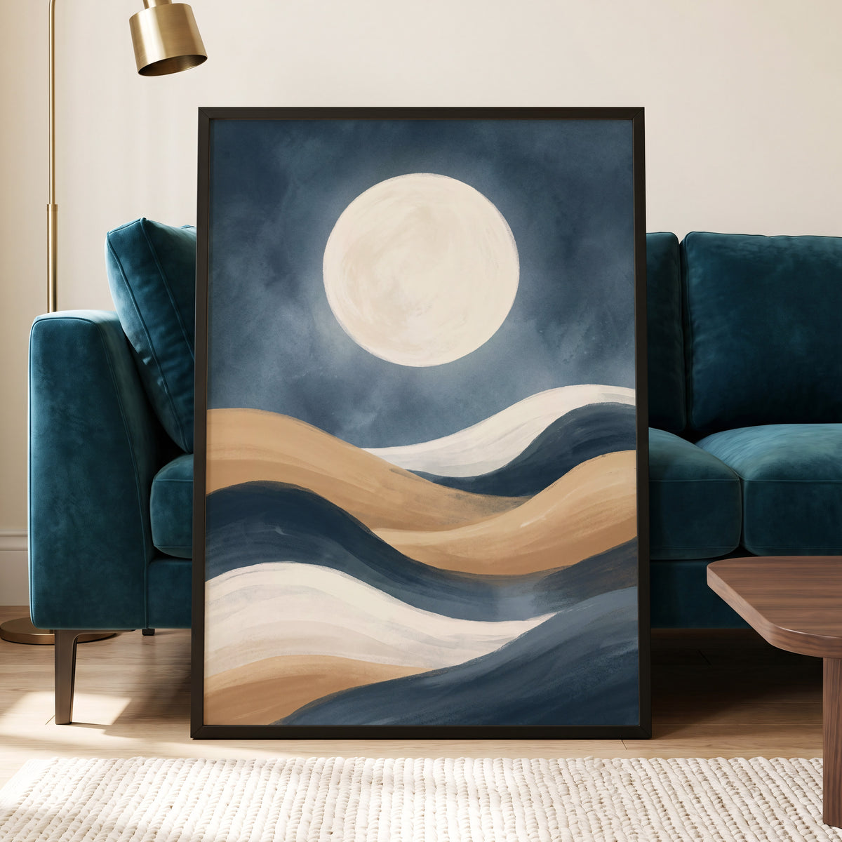 Moonlit Drift, blue, beige, white nature wall art displayed in a styled interior, gallery view 6