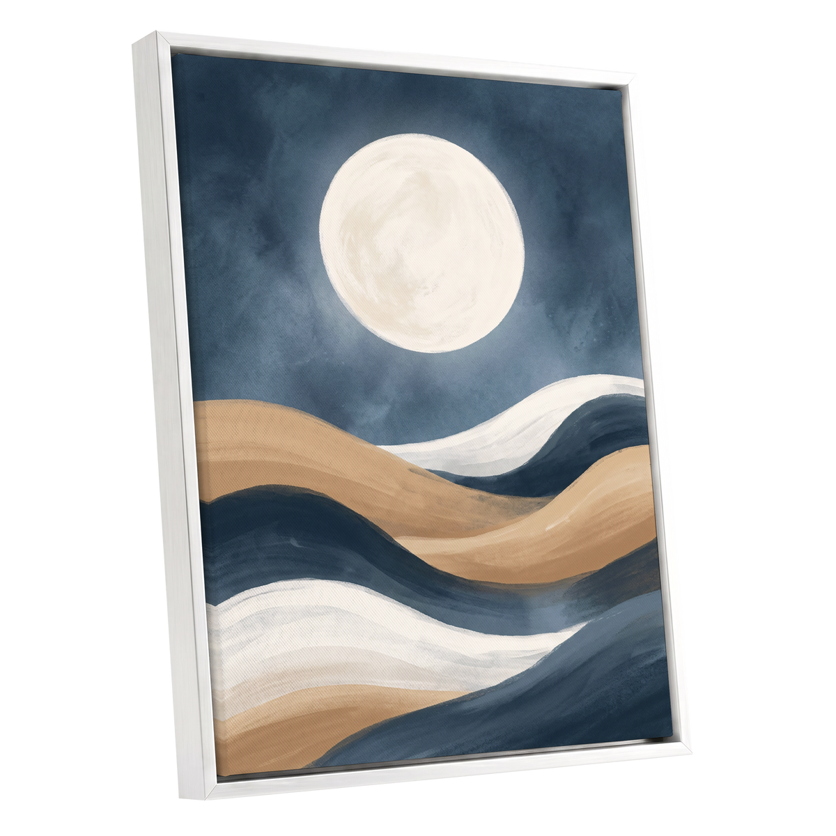Moonlit Drift, blue, beige, white nature wall art shown as a white framed canvas wall art