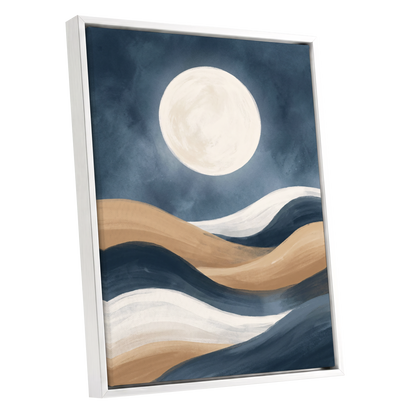 Moonlit Drift, blue, beige, white nature wall art shown as a white framed canvas wall art