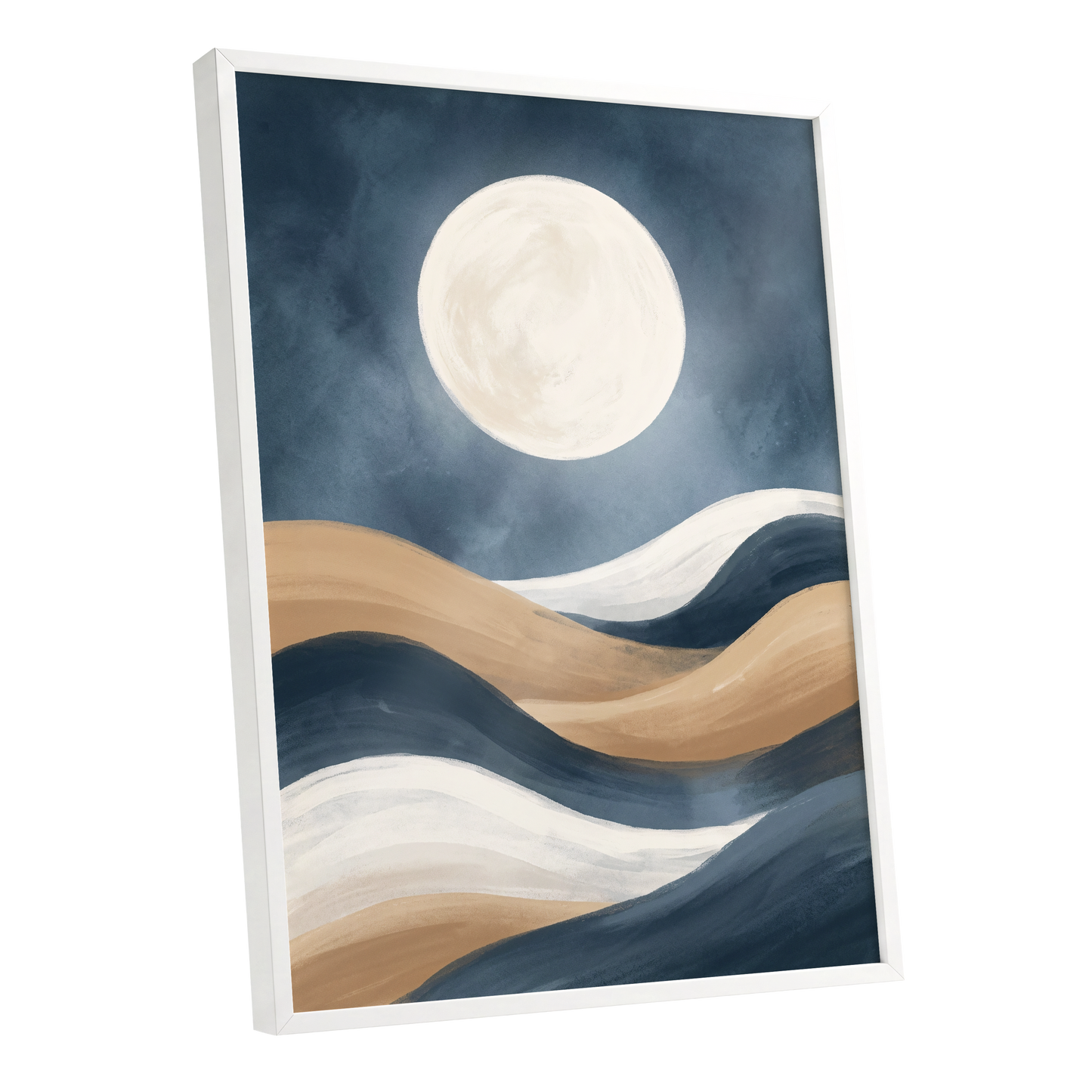 Moonlit Drift, blue, beige, white nature wall art shown as a white framed poster wall art print