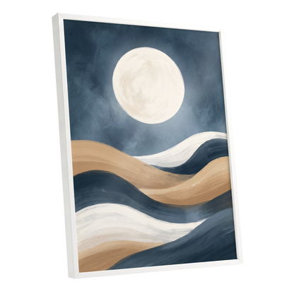 Moonlit Drift, blue, beige, white nature wall art shown as a white framed poster wall art print